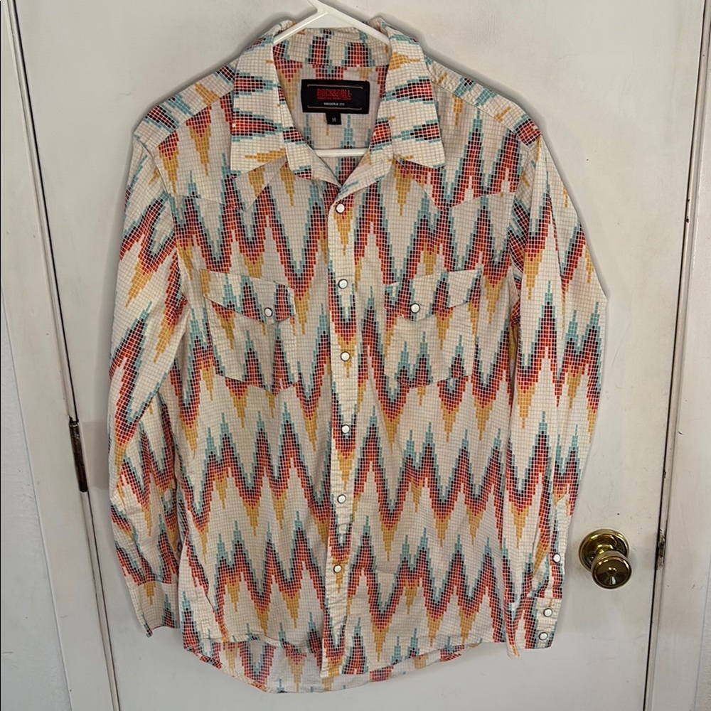 Rock & Roll Denim Dale Brisby Aztec white orange chevron L/S western shirt Sz M